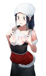 1girls 2021 akari_(pokemon) black_eyes blue_hair blush breasts exposed_breasts game_freak headwear keiz nintendo nipples open_mouth partially_clothed pokemon pokemon_legends:_arceus simple_background solo standing topless