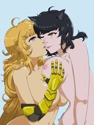 2girls animated artist_name black_hair blake_belladonna blonde_hair canon_couple cat_ears catgirl kissing multiple_girls no_sound prosthetic prosthetic_arm purple_eyes rwby video yang_xiao_long yellow_eyes yumekkokoro yuri