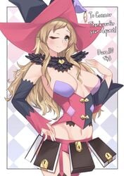 1girls ;) alternate_costume bangs belt blonde_hair book breasts commission cosplay detached_sleeves dura female fire_emblem fire_emblem_fates garter_straps hat large_breasts long_hair looking_at_viewer magilou_(tales) magilou_(tales)_(cosplay) nintendo one_eye_closed ophelia_(fire_emblem) skeb_commission smile solo tales_of_(series) tales_of_berseria thighhighs upper_body witch_hat