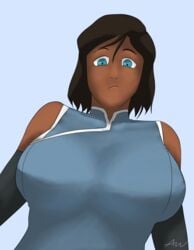 1girls avatar_legends big_breasts blue_eyes breasts brown_hair clothed_female clothing dark-skinned_female dark_hair dark_skin female korra large_breasts looking_down medium_breasts pouting short_hair solo straight_hair the_avatar the_legend_of_korra water_tribe