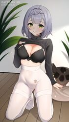 1girls black_bra blush bra breasts cute ett feet female female_only genshin_impact green_eyes grey_hair kneeling looking_at_viewer medium_breasts navel noelle_(genshin_impact) paws shirt_lift short_hair solo sweater sweater_lift white_legwear yoga_pants