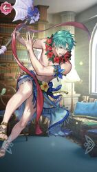 1boy axe bare_legs blue_eyes blue_hair blue_sarong codename_(user_mkxe3283) codename_edit edit ephraim_(fire_emblem) ephraim_(summer)_(fire_emblem) fire_emblem fire_emblem:_the_sacred_stones fire_emblem_heroes flower_wreath holding holding_axe legs male male_only naked_sarong nude nude_male official_alternate_costume sandals sarong