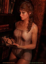 1girls 3d blush books bookshelf breasts breasts_out drawing female female_only fingering freckles hard_nipples hazel_eyes kissing_neck leaning_against_wall library lipstick looking_at_viewer mary-beth_gaskill nightgown nipples partially_clothed reading red_dead_redemption_(series) red_dead_redemption_2 see-through skstalker smiling smiling_at_viewer solo underwear yuri