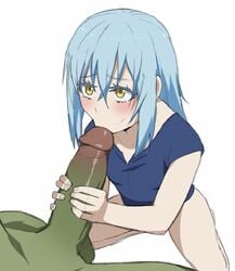 1other ambiguous_gender androgynous big_penis blue_hair fellatio goblin goblin_male hobgoblin holding_penis male/ambiguous rimuru_tempest shoganight sucking_tip tagme tensei_shitara_slime_datta_ken that_time_i_got_reincarnated_as_a_slime white_background yellow_eyes