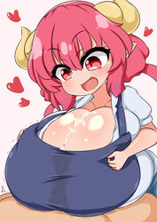 1boy 1girls big_breasts blush breasts covered_paizuri cum cum_between_breasts female hearts horns huge_breasts ilulu_(dragon_maid) miss_kobayashi's_dragon_maid monster_girl moyashi_udon paizuri pointy_ears red_eyes red_hair shortstack smaller_female