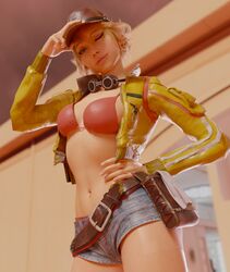 1girls 3d 3dbabes belt blonde_hair bra breasts cindy_aurum clothing cropped_jacket denim denim_shorts female final_fantasy final_fantasy_xv goggles goggles_around_neck high_resolution jacket looking_at_viewer midriff navel one_eye_closed shorts underwear wink yellow_jacket