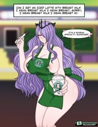 1girls apron bare_legs bare_shoulders breasts camilla_(fire_emblem) camilla_(light_of_nohr)_(fire_emblem) cleavage coffee collarbone covered_nipples dialogue english_text fire_emblem fire_emblem_fates fire_emblem_heroes hair_over_one_eye holding_cup holding_object holding_pen horns huge_breasts iced_latte_with_breast_milk indoors lactation lactation_through_clothes long_hair looking_at_viewer loutaniart meme naked_apron nintendo nipple_bulge nipples pen purple_eyes purple_hair sideboob smile solo starbucks text very_long_hair violet_eyes wide_hips