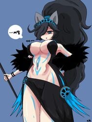 1girls belly_button big_breasts black_clothing black_hair blue_background body_tattoo breasts cat_ears clothing hair_ornament holding_staff huge_breasts jizogod kasli_the_bane long_hair midriff nipple_slip nipples ponytail staff tagme tattoo the_battle_cats