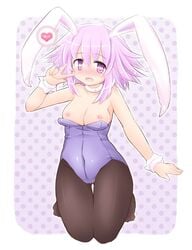 animal_ears areolae bunny_ears bunnysuit choker cpu_(neptunia) female flat_chest flat_chested goddess heart heart_eyes neptune_(neptunia) neptunia_(series) nipples no_shoes open_mouth purple_eyes purple_hair short_hair simple_background small_breast speech_bubble video_games