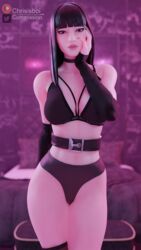 1girls 3d 3d_(artwork) armwear belt black_armwear black_belt black_bra black_collar black_hair black_nails black_thong charlotte_(fortnite) chrisisboi_ collar eyebrows eyelashes eyeshadow female female_only fortnite fortnite:_battle_royale hand_behind_back hand_on_face human legwear lingerie looking_at_viewer nail_polish pale-skinned_female pale_skin posing red_eyes short_hair solo solo_female standing straight teasing thighs