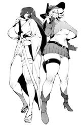 2girls big_breasts breasts curvaceous female getter_robo getter_robo_(tv) getter_robo_go greyscale gun hat human innie_pussy inverted_nipples katana mary_king monochrome puffy_nipples sho_tachibana skirt slutty_outfit thick_thighs thirty_8ght white_background