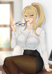 1girls beauty_mark blonde_hair blue_eyes bra breasts cleavage cryptid_crab glasses glasses_in_mouth glasses_removed hair_between_eyes indoors large_breasts leggings long_hair looking_at_viewer metroid mole mole_under_mouth nintendo office office_lady on_table ponytail samus_aran skirt solo thick_thighs underwear