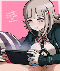 1boy 1girls asphyxiation assertive cleavage_cutout clothed_paizuri danganronpa danganronpa_2:_goodbye_despair distracted english_text faceless_male facesitting female female_on_top femdom galaga happy_sex mosbles nanami_chiaki nintendo_switch paizuri paizuri_under_clothes precum precum_through_clothing simple_background straight_hair sumata_cafe text unbuttoned