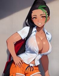 1girls ai_generated backpack bag black_hair breasts busty cleavage clothing dark-skinned_female dark_skin female female_only freckles green_hair grin grinning grinning_at_viewer hand_on_hip human kix_(artist) large_breasts looking_at_viewer nai_diffusion nemona_(pokemon) nintendo nipples orange_eyes orange_shorts pokemon pokemon_sv ponytail shorts smile smiling smiling_at_viewer stable_diffusion streaked_hair sweat