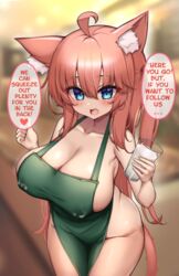 animal_ears apron blue_eyes blush cat_ears iced_latte_with_breast_milk kaptivate lactation lactation_through_clothes light-skinned_female light_skin long_hair looking_at_viewer meme naked naked_apron nekomia_(kaptivate)