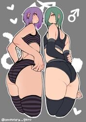 2boys 2n5 androgynous ass ass_focus bare_shoulders earrings femboy girly green_hair grey_background hair_over_one_eye legwear looking_at_viewer low-angle_view panties purple_eye purple_hair simple_background sports_bra standing striped_legwear striped_panties striped_sports_bra symmetrical_docking trap yellow_eye