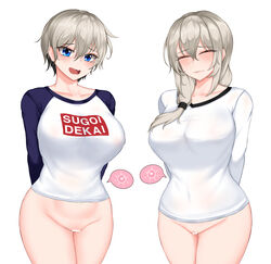 2girls 82jhin big_breasts blue_eyes blush bottomless censored closed_eyes daughter female female_only fertilization grey_hair impregnation long_hair milf mother mother_and_daughter nipple_bulge ovum pussy short_hair sugoi_dekai thick_thighs uzaki-chan_wa_asobitai! uzaki_hana uzaki_tsuki