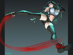 1girls angry attacking_viewer black_hair black_socks clothed_female female final_fantasy final_fantasy_vii final_fantasy_vii_remake fully_clothed kicking large_breasts ozkh ozkh6 socks solo thick_thighs thigh_socks thighhighs thunderthighs tifa_lockhart wide_hips