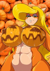 1girls abs activision anthro big_breasts blonde_hair crash_(series) female fur furry halloween huge_breasts large_breasts long_hair nipples paint painted_breasts pumpkin_boobs souleatersaku90 tawna_bandicoot