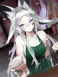 1girls 5_fingers animal_ears apron blurry_background breasts cat_ears cleavage coffee dya_rikku dya_rikku_(vtuber) female female_only fox_girl glitching green_apron holding_object iced_latte_with_breast_milk light-skinned_female light_skin looking_at_viewer meme silver_hair solo solo_female solo_focus straight_face virtual_youtuber vyugen