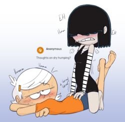 2girls blush clenched_teeth clothed_sex dry_humping feet fully_clothed incest laying_down linka_loud lucy_loud mannysdirt multiple_girls nickelodeon shivering sitting_on_person sweat sweatdrop the_loud_house thighs yuri