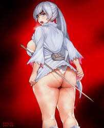 1girls ass big_ass big_breasts big_butt breasts eye_contact female keigi_(artist) large_breasts long_hair looking_at_viewer myrtenaster rapier rwby solo standing sword thick_ass thick_thighs thighs weapon weiss_schnee white_hair