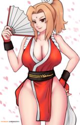 1girls alternate_hairstyle bare_shoulders big_breasts blonde_hair breasts brown_hair center_opening cherry_blossoms chronosth1 clothed_female cosplay costume fan fanning fanning_self fatal_fury folding_fan forehead_mark gloves gummslime holding_object huge_breasts kimono king_of_fighters kunoichi mai_shiranui_(cosplay) mature mature_female nail_polish naruto naruto_(series) naruto_shippuden ninja no_underwear petals ponytail revealing_clothes short_kimono shounen_jump snk solo solo_focus thick_thighs thunder_thighs tied_hair tsunade