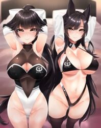 2019 2girls absurdres alternate_costume animal_ears armpits arms_behind_head atago_(azur_lane) atago_(stunning_speedster)_(azur_lane) azur_lane bangs bare_shoulders bikini black_bikini black_hair black_legwear blush bow breasts brown_eyes cleavage cleavage_cutout closed_mouth clothing_cutout collarbone copyright_name covered_collarbone covered_navel elbow_gloves extra_ears eyebrows_visible_through_hair gloves groin hairbow high_ponytail highleg highleg_bikini highleg_leotard highres impossible_clothes keishi_surota large_breasts leotard logo long_hair looking_at_viewer multiple_girls navel race_queen shiny shiny_hair shiny_skin shrug_(clothing) sidelocks smile standing swept_bangs swimsuit takao_(azur_lane) takao_(full_throttle_charmer)_(azur_lane) thighhighs turtleneck very_long_hair white_bow white_gloves wrist_cuffs