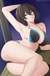 1girls alternate_costume arm_behind_head arm_up armpit aslindsamure ass bangs big_breasts bikini black_bikini black_lingerie breasts brown_hair cleavage counter:side elizabeth_pendragon elizabeth_pendragon_(mistress_of_the_blue_noble)_(counter:side) female female_focus female_only green_eyes leaning_on_elbow legs_together light-skinned_female light_skin lingerie multicolored_topwear official_alternate_costume on_floor short_hair solo watermark