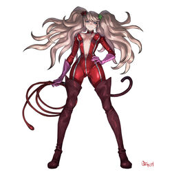 1girls ann_takamaki_(cosplay) blonde_hair blue_eyes bodysuit danganronpa gloves junko_enoshima latex long_gloves looking_at_viewer looking_down navel ozkh ozkh6 persona persona_5 smile smirk smirking solo_female solo_focus straight_hair strawberry_blonde_hair teasing thigh_boots whip