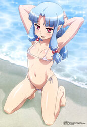 1girls absurdres armpits arms_up barefoot beach bikini blue_hair blush breasts collarbone covered_erect_nipples fang feet hair_bobbles hair_ornament highres kiriha_(tsugumomo) kneeling long_hair looking_at_viewer magazine_scan megami_magazine micro_bikini navel official_art open_mouth outdoors pointy_ears red_eyes scan shiny shiny_hair side-tie_bikini sidelocks skindentation small_breasts smile solo swimsuit toes tsugumomo water wet white_bikini yasuda_yoshitaka