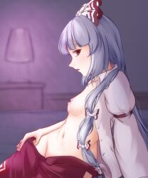 arm_support armband bangs bow breasts collared_shirt eyebrows_visible_through_hair female fujiwara_no_mokou grey_hair groin hairbow highres indoors long_hair long_sleeves looking_at_viewer multiple_hair_bows navel nipples open_clothes open_shirt pants parted_lips petite red_pants riria_(liry_a_flower) shirt sideways_glance sitting sleeveless small_breasts solo stomach touhou twisted_torso undressing very_long_hair