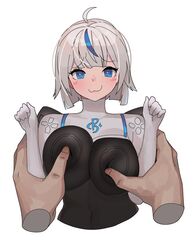 blue_eyes blush buttons hands_on_breasts perky_breasts playing_with_nipple playstation playstation_controller pov_hands ps5_controller tight_clothing virgosdf white_hair