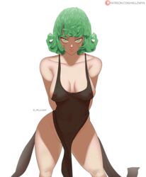 1girls big_breasts breasts eye_contact female female_only green_eyes green_hair hell904 looking_at_viewer one-punch_man solo tatsumaki thick_thighs white_background