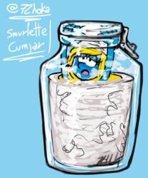 72hoka blue_skin blush cum cum_bath cum_jar cum_jar_(meme) drowning_in_cum jar jar_of_cum smurfette stray_pubic_hair the_smurfs what