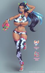 1girls breasts bursting_breasts clothed_female covered_breasts covered_nipples cupid's_arrow dark-skinned_female dark_skin female female_focus female_only happy_female horny_female huge_breasts in_love mooshroom nessa_(pokemon) pokemon pokemon_ss solo solo_female solo_focus supersatanson thighhighs tight_clothing