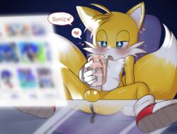 1boy anal_insertion anthro balls big_penis blue_eyes blush censor_bar censored femboy furry male male_only masturbation moaning nohtuy18 object_insertion penis sex_toy solo sonic_(series) speech_bubble spread_legs tails testicles text yellow_fur