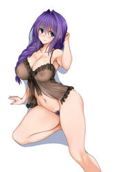 ass babydoll black_babydoll blue_eyes blush braid breasts cleavage closed_mouth covered_nipples curvy eyebrows_visible_through_hair female female_pubic_hair hair_over_shoulder hand_to_head kanon kneeling lace large_breasts lingerie long_hair looking_at_viewer mature_female minase_akiko mitarashi_kousei navel negligee nipples no_panties pubic_hair purple_hair reclining see-through simple_background single_braid smile underwear white_background