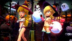 2girls 3d accurate_art_style audience blonde_hair blue_eyes bondage boo_(mario) breasts covering_breasts covering_nipples crowd crown dry_bones embarrassed gloves goomba halloween halloween_costume humiliation licking licking_nipples light_bondage light_skin mario_(series) mario_kart mario_kart_tour multiple_girls nintendo nipples onmodel3d panties peepa princess_peach princess_rosalina public_exposure public_humiliation rope_bondage rope_leash self_upload tears thigh_highs tongue witch_hat