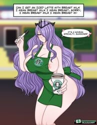 1girls apron bare_legs bare_shoulders breasts camilla_(fire_emblem) camilla_(light_of_nohr)_(fire_emblem) cleavage coffee collarbone covered_nipples dialogue english_text fire_emblem fire_emblem_fates fire_emblem_heroes hair_over_one_eye holding_cup holding_object holding_pen horns huge_breasts iced_latte_with_breast_milk indoors long_hair looking_at_viewer loutaniart meme naked_apron nintendo nipple_bulge nipples pen purple_eyes purple_hair sideboob smile solo starbucks text very_long_hair violet_eyes wide_hips