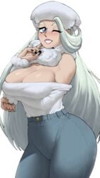 1female 1girls 2021 ass big_ass big_breasts blue_eyes blush breasts cleavage clothed clothed_female clothes echosaber female female_focus female_only gentle_mommy grey_hair hat hi_res high_waisted_pants hips huge_breasts human jeans large_ass long_hair mature mature_body mature_female mature_figure mature_woman melony_(pokemon) milf mom_jeans mommy mother nintendo older_female pokemon pokemon_ss simple_background slim_waist solo solo_female thick thick_ass thick_thighs thighs tight_clothing tight_fit very_high_resolution voluptuous voluptuous_female wide_hips wink winking