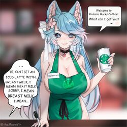 1girls apron barista clothing dialogue english_text fast_food iced_latte_with_breast_milk large_breasts meme meowyin naked_apron outerwear silvervale speech_bubble tagme text themeowyin uniform virtual_youtuber vshojo wolf_girl