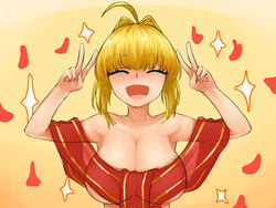 absurd_res ahoge alternate_breast_size alternate_version_available blonde_hair blush busty cleavage curvy double_v eyes_closed fate/extra fate/grand_order fate_(series) hair_intakes highres large_breasts mouth_open naked_ribbon nero_claudius_(fate) smile steamingtofu v_sign