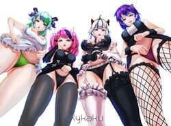 4girls breasts cleavage clothed female female_only froot huge_breasts ironmouse looking_down_at_viewer melody_(projektmelody) multiple_girls panties projektmelody succubus tagme thick_thighs veibae virtual_youtuber vshojo white_background xyk_aku