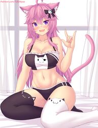 animal_ears belly cat_ears cleavage fangs long_hair looking_at_viewer nyatasha_nyanners open_mouth pink_hair purple_eyes sitting sitting_on_bed smile tagme tail teeth teeth_showing thighhighs tiffynyaa tummy virtual_youtuber vshojo window