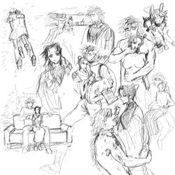 1boy 1girls blood blood_drip clothing demon_boy demon_slayer douma drinking_blood female kimetsu_no_yaiba kochou_shinobu larger_male male monochrome multiple_images multiple_scenes muscular_male sketch sketch_page smaller_female straight