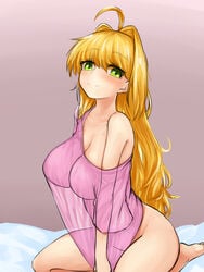 1girls absurd_res ahoge blonde_hair curvy fate/extra fate/grand_order fate_(series) green_eyes hair_intakes highres large_breasts long_hair looking_at_viewer naked_shirt nero_claudius_(fate) off_shoulder pink_shirt see-through see-through_clothing see-through_shirt shirt_pull sitting sitting_on_bed smile steamingtofu thick_thighs