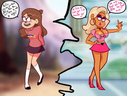 1girls aliciadrawsbecause alternate_breast_size ass_expansion bimbo bimbofication breast_expansion brown_hair cleavage corruption disney disney_channel english_text female female_only flats gravity_falls large_ass large_breasts mabel_pines personality_change smooth_skin solo tan text transformation