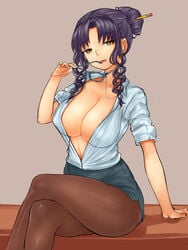 1girls absurd_res black_hair busty curvy desk fate/extra fate/grand_order fate_(series) female glasses hair_bun highres large_breasts legs_crossed looking_at_viewer open_shirt pantyhose pencil pencil_skirt sesshouin_kiara sitting skirt steamingtofu yellow_eyes