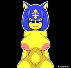 1girls animal_crossing ankha ankha_(animal_crossing) annoyed anthro areola big_breasts blue_hair bored breasts cat_ears cat_humanoid catgirl disappointed eyelashes eyeshadow fangs feline female female_only hourglass_figure ketadune lipstick looking_at_viewer looking_down naked nintendo pink_nipples purple_eyeshadow purple_lipstick thighs vagina voluptuous yellow_body yellow_fur